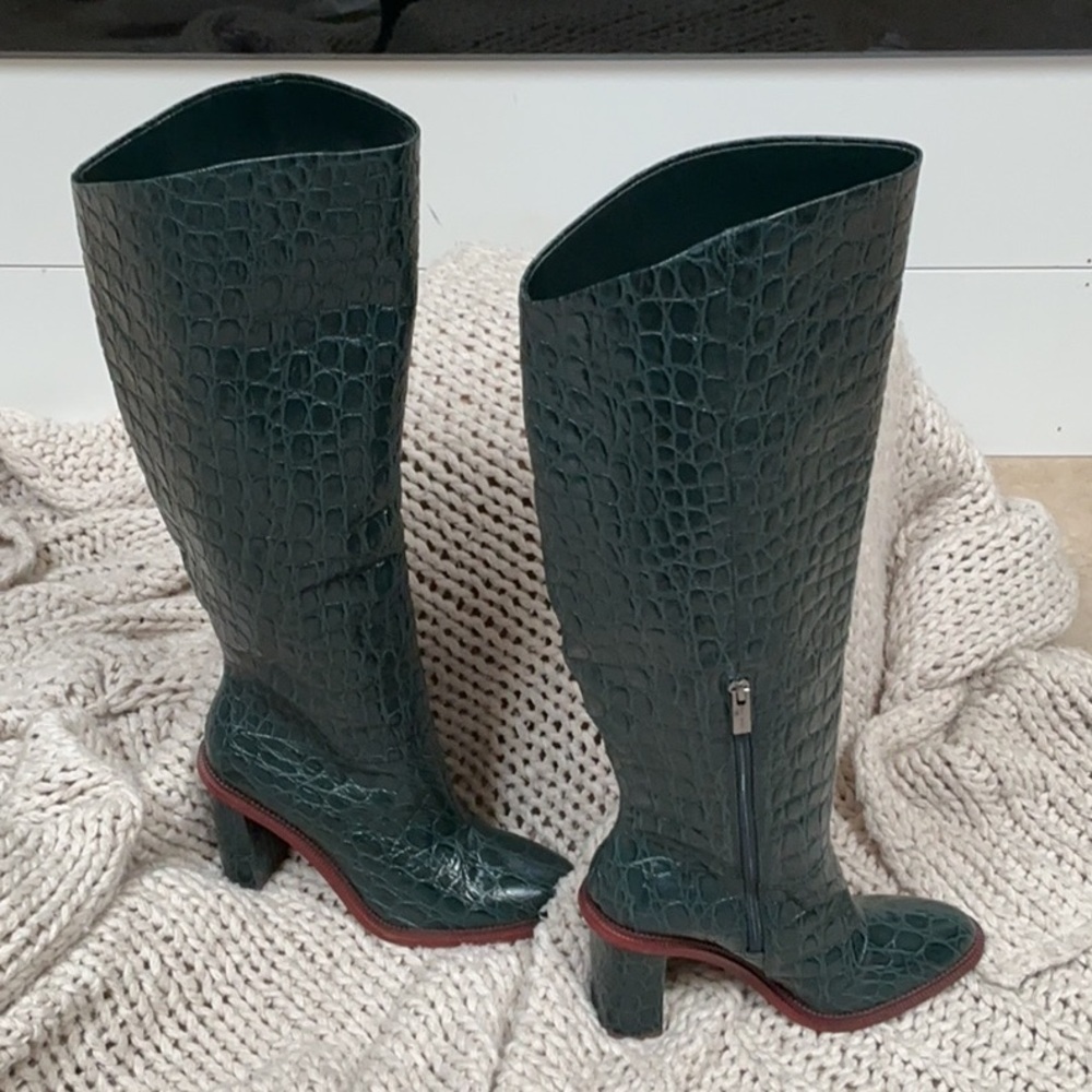 Vince Camuto Dark Green Croc-Embossed Knee Boots